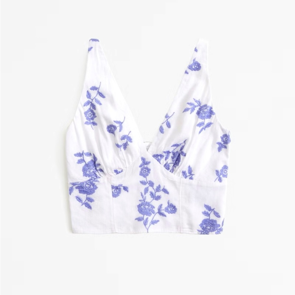 Abercrombie & Fitch plunge neck linen blend top with floral embriodery in white